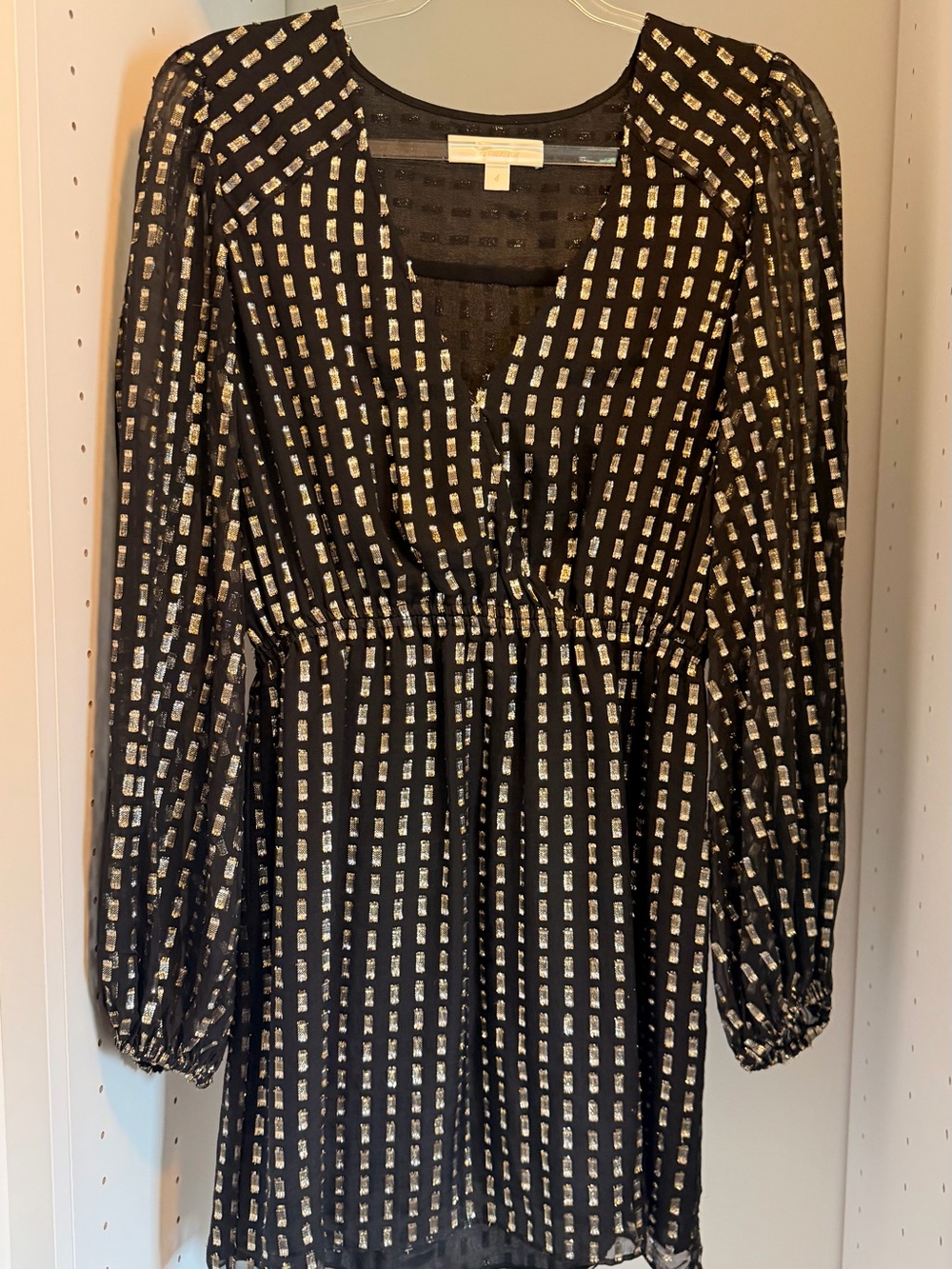 Long Sleeve Black Dress with Silver Rectangle Print - Women's Elegant V-Neck